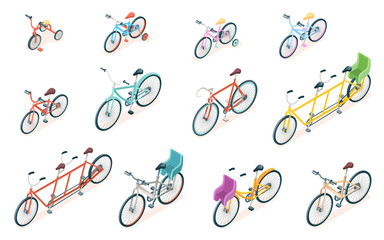 Set of isolated bicycle for ride. Triple bike and tricycle for kid or child. Adult and children wheel transport, parking rack with rails and sign. Vector illustration for cyclist or bicyclist vehicle.