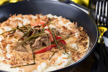 Beef Stroganoff with Mashed Potatoes with Roasted Garlic and Fried Onions