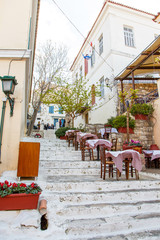 Architectural details from the narrow streets of Anafiotika, a traditional village in Athens, the Greek capital. Old neighborhood on the slopes of Acropolis, Greece