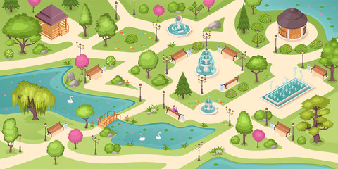 City park summer, isometric vector background with trees, lawns and fountains. Empty urban city park landscape, people sitting on bench, gazebo pavilions, flowerbeds and swans in pond with bridge