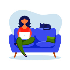 Girl with laptop sitting on the couch. Concept illustration for freelancing, studying, online education,online shopping, working from home. Vector illustration in flat cartoon style.