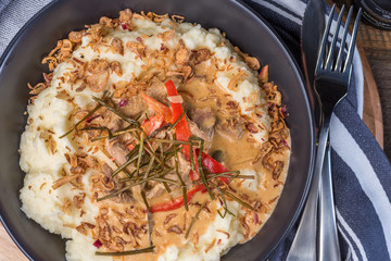 Beef Stroganoff with Mashed Potatoes with Roasted Garlic and Fried Onions