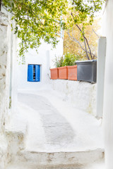 Architectural details from the narrow streets of Anafiotika, a traditional village in Athens, the Greek capital. Old neighborhood on the slopes of Acropolis, Greece