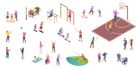 Foto op Plexiglas People in park, sport activity and leisure games, vector isometric isolated set. Kids playing football, tennis and volleyball, workout sport ground, family jogging, people playing chess and fishing © Sensvector