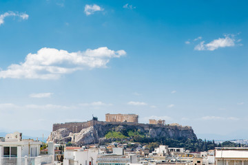 Fototapeta premium Athens cityscape, Greece. Acropolis with famous Parthenon. Urban landscape of old Athens with classical Greek ruins. 