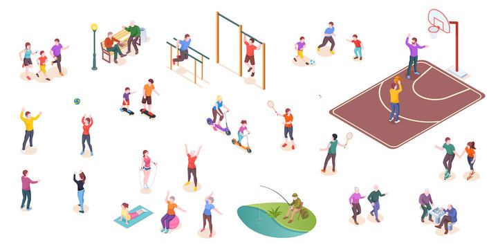 People in park, sport activity and leisure games, vector isometric isolated set. Kids playing football, tennis and volleyball, workout sport ground, family jogging, people playing chess and fishing
