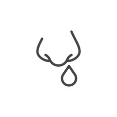 Runny nose linear icon. Symptom of disease, allergy, coronovirus. Viral or bacterial infection concept sign. Grippe, flu, influenza, snot, nasal illness. Vector illustration isolated outline