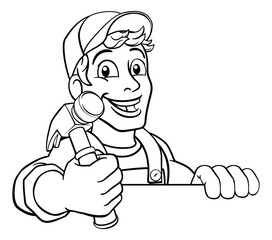 A handyman carpenter or builder cartoon man holding a hammer. Construction maintenance worker or DIY character mascot. Peeking over a sign
