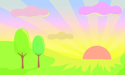 vector illustration of an morning landscape with trees, hills, clouds and sun