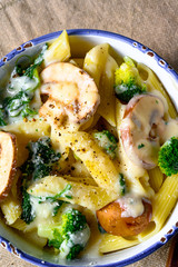 Real pasta with mushrooms, spinach and broccoli