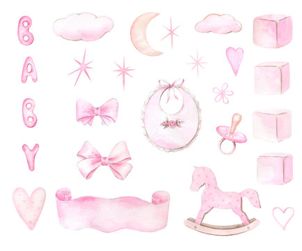 Newborn Baby Girl clipart set..Watercolor hand drawn illustrations with  elements for baby shower isolated on white background.