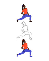 Fototapeta premium Set of three female characters. Girl in flat, cartoon and line style. Vector illustration of women doing sport.