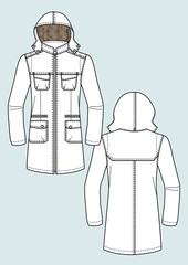 Parka uomo con cappuccio e pelo disegno piatto sketch fashion illustration fronte e retro mock up vettoriale © Andrea Cappa