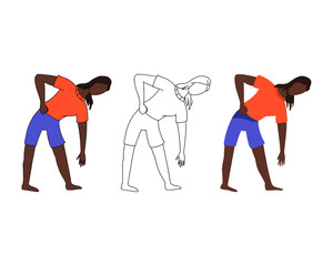 Set of three female characters. Girl in flat, cartoon and line style. Vector illustration of women doing sport.