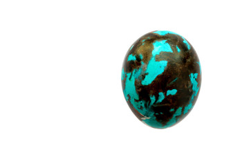 Easter colored chicken egg, large brush strokes on the shell, blue, turquoise and red-brown, handmade, stylish, isolate on a white background
