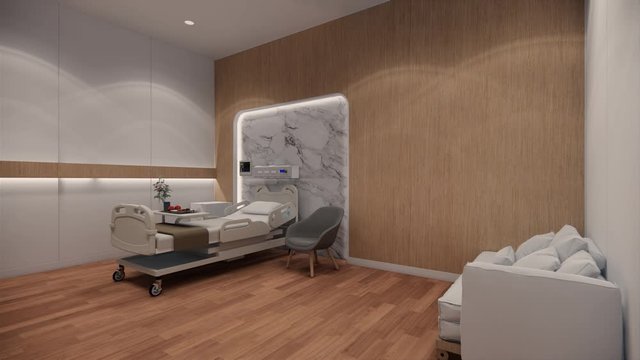 3d rendering. Interior hospital modern design . Row of empty hospital beds and various first aid medical equipment in empty emergency room Medical practice concept.4k