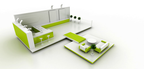 Corporate green booth, isolated on white, with copy space. Original 3d rendering
