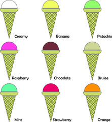 Collage of colorful vector illustrations, images or icons of different kinds of ice cream on white background