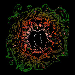 Panda in a tent. Bear smokes a hookah. Bamboo branches and carpets on the floor and walls. Bright psychedelic drawing. Freehand sketch. Bright outline.