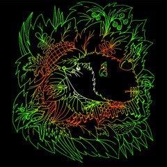 Hedgehog and a plate of milk. Mushrooms and berries for a hedgehog. Leaves and branches of forest plants. Freehand sketch. Bright outline on a black background.
