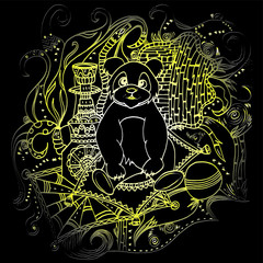 Panda in a tent. Bear smokes a hookah. Bamboo branches and carpets on the floor and walls. Bright psychedelic drawing. Freehand sketch. Bright outline.
