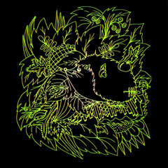 Hedgehog and a plate of milk. Mushrooms and berries for a hedgehog. Leaves and branches of forest plants. Freehand sketch. Bright outline on a black background.