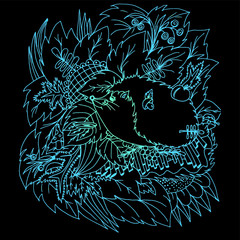 Hedgehog and a plate of milk. Mushrooms and berries for a hedgehog. Leaves and branches of forest plants. Freehand sketch. Bright outline on a black background.