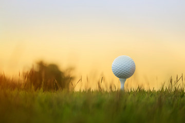 golf ball on tee in a beautiful golf course with morning sunshine
