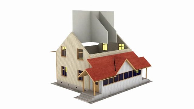 Home construction. Build structure. Time-lapse 3d animation showing a process of building of the house. House animation being assembled on white background. Full HD, assemble a house video. 