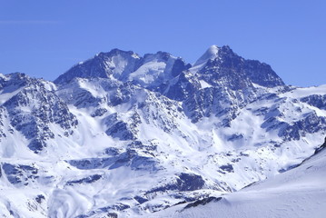 Bivio, Skitour auf den Piz dal Sasc. Blick auf die Berninagruppe, Piz Bianco, Piz Bernina, Piz Scerscen und Piz Roseg.