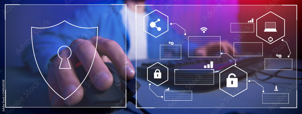Poster Hacker attack and data breach, cyber background with lock
