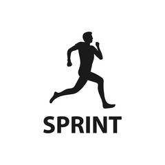 Fototapeta na wymiar Black silhouette of adult man sprinting. Male jogger jogging icon. Marathon training sign. Workout activity symbol. Outdoor exercise. Endurance sport. Young athlete logo - Vector illustration.