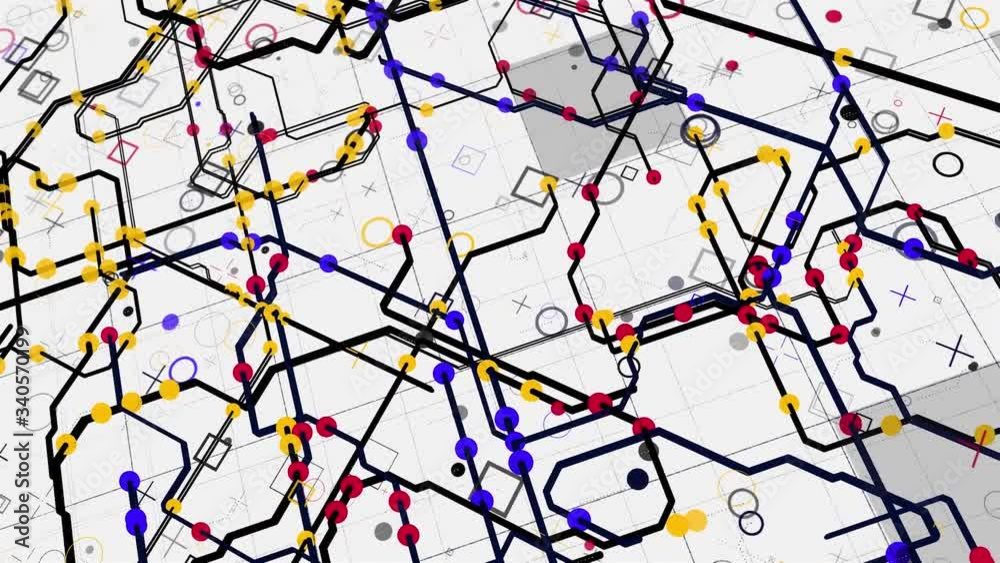 Poster electric scheme circuit with bright abstract signals flowing into different directions on white back
