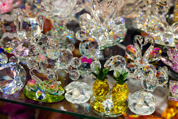 Souvenirs from Bohemian crystal on showcase