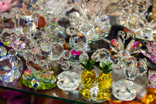 Souvenirs from Bohemian crystal on showcase