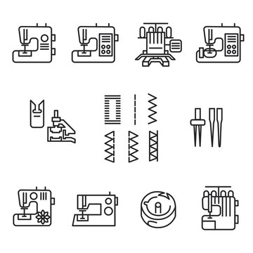Sewing machines and accessories icons in line style