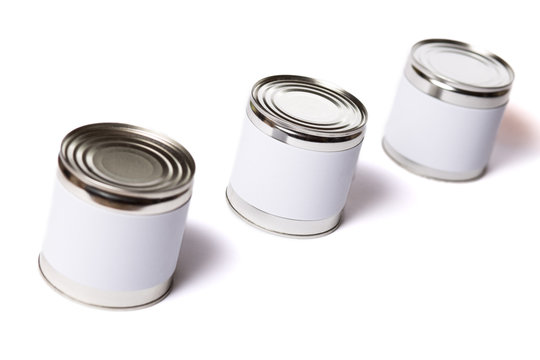 Metal cans on a white. Cans with preservation with no lables.
