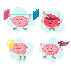 Vector set of illustrations of brain activity on a white background. The concept of a cartoon brain. Brain characters for the theme of education.