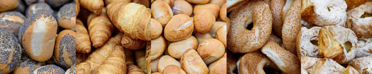 A collage of different types of soft toasted buns. Bread products. Popular food for a quick Breakfast with coffee.