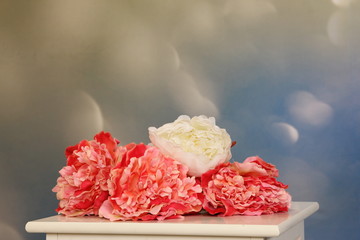 Pink flowers on a white table and a light blue background with bokeh