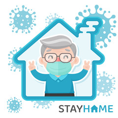 Elderly detained in the house Raise two fingers as the V sign to fight the corona virus.