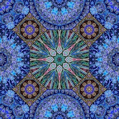 Mediterranean ornament of octagonal and square ceramic tiles in blue, green and brown colors. Luxurious seamless print for silk fabric. Carpet, shawl, pattern for bedding.