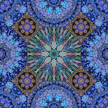 Mediterranean ornament of octagonal and square ceramic tiles in blue, green and brown colors. Luxurious seamless print for silk fabric. Carpet, shawl, pattern for bedding.