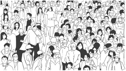 Illustration of large city crowd with face masks in black and white
