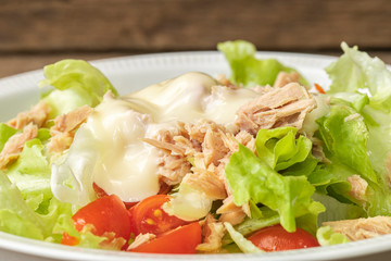 Close -up Tuna Salad on wooden background.