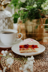 beautiful cake on a wooden table top, suede