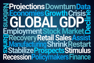 Global GDP Word Cloud on Blue Background