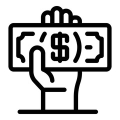 Dollar in hand icon. Outline dollar in hand vector icon for web design isolated on white background