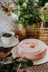 Fototapeta na wymiar beautiful cake on a wooden table top, suede