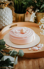 beautiful cake on a wooden table top, suede
